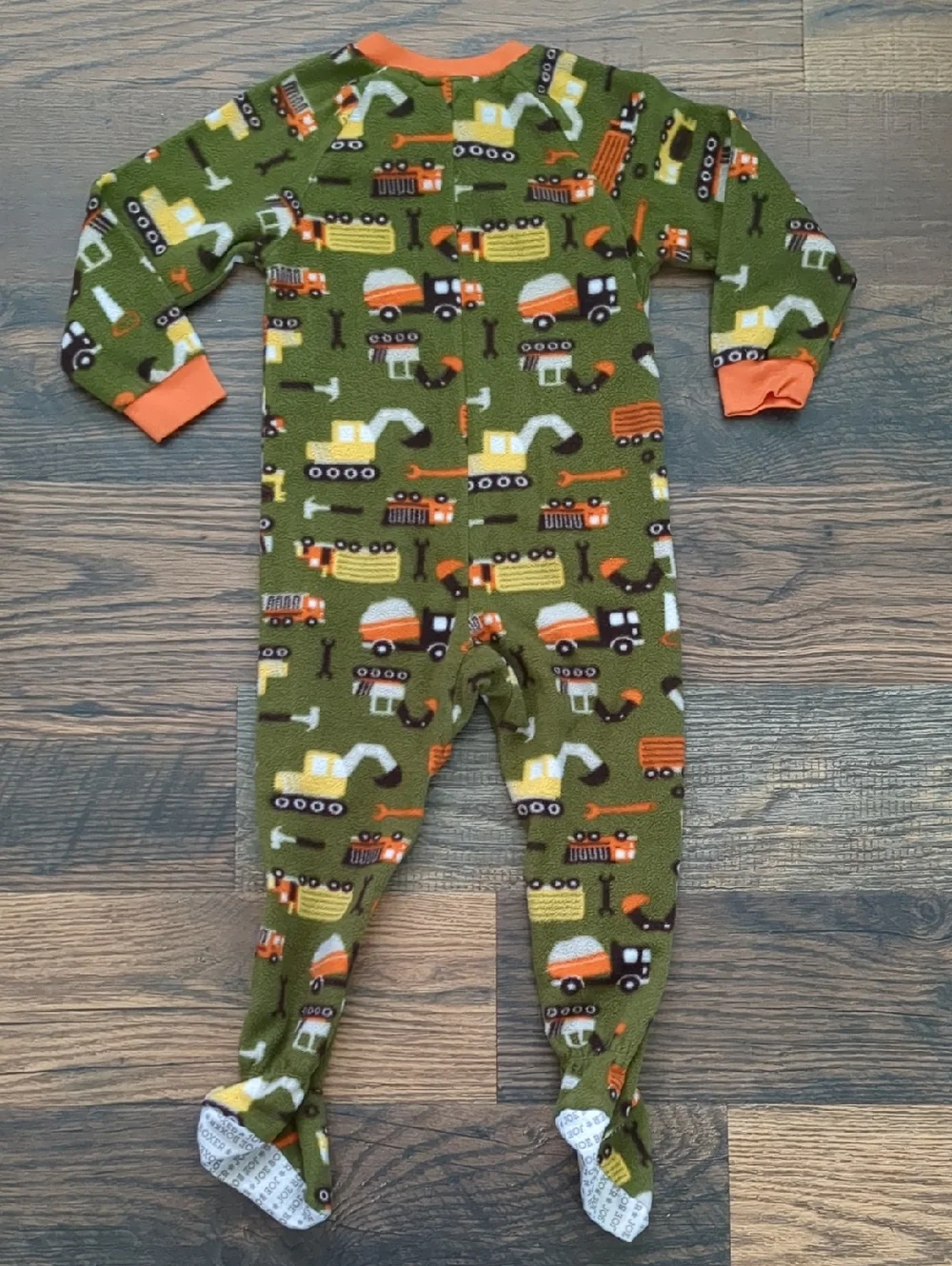 Boys Vintage Car Truck Excavator Olive Green Fleece Onsie Sleeper Pajamas, Sz 4T